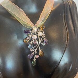 Sterling silver authentic pearl and crystal ribbon necklace